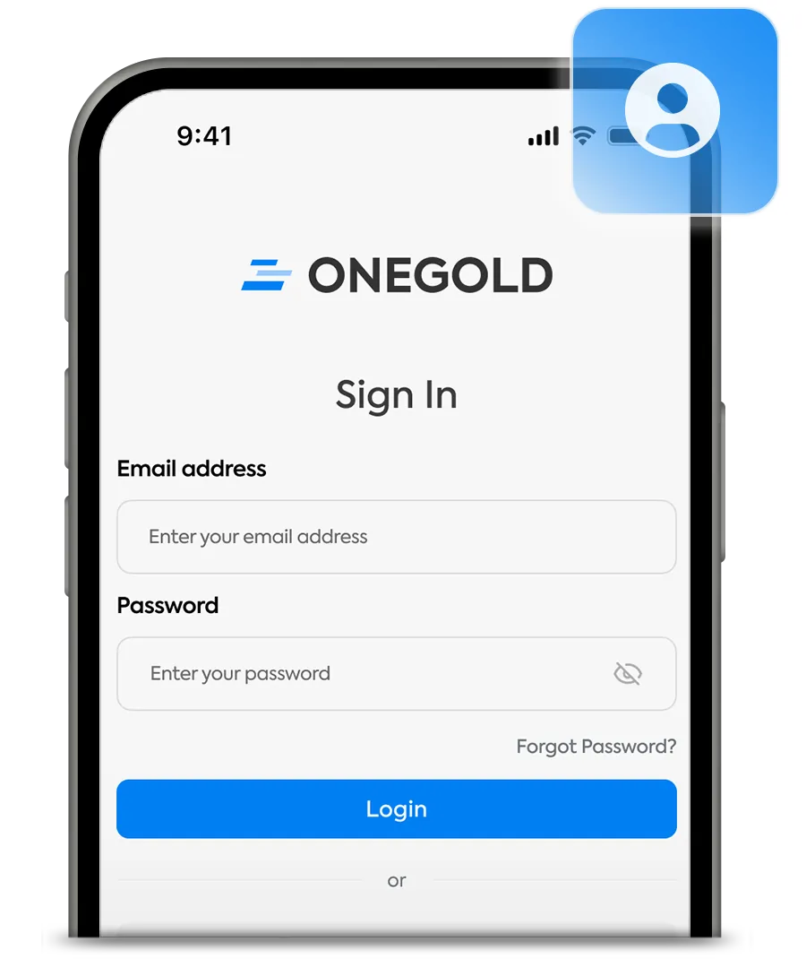 L'app OneGold che mostra il flusso di acquisto