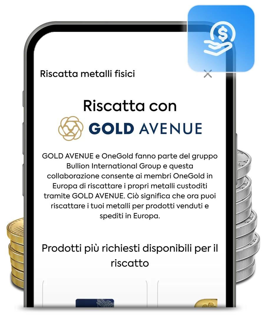 La schermata Riscatta con GOLD AVENUE dell’app OneGold