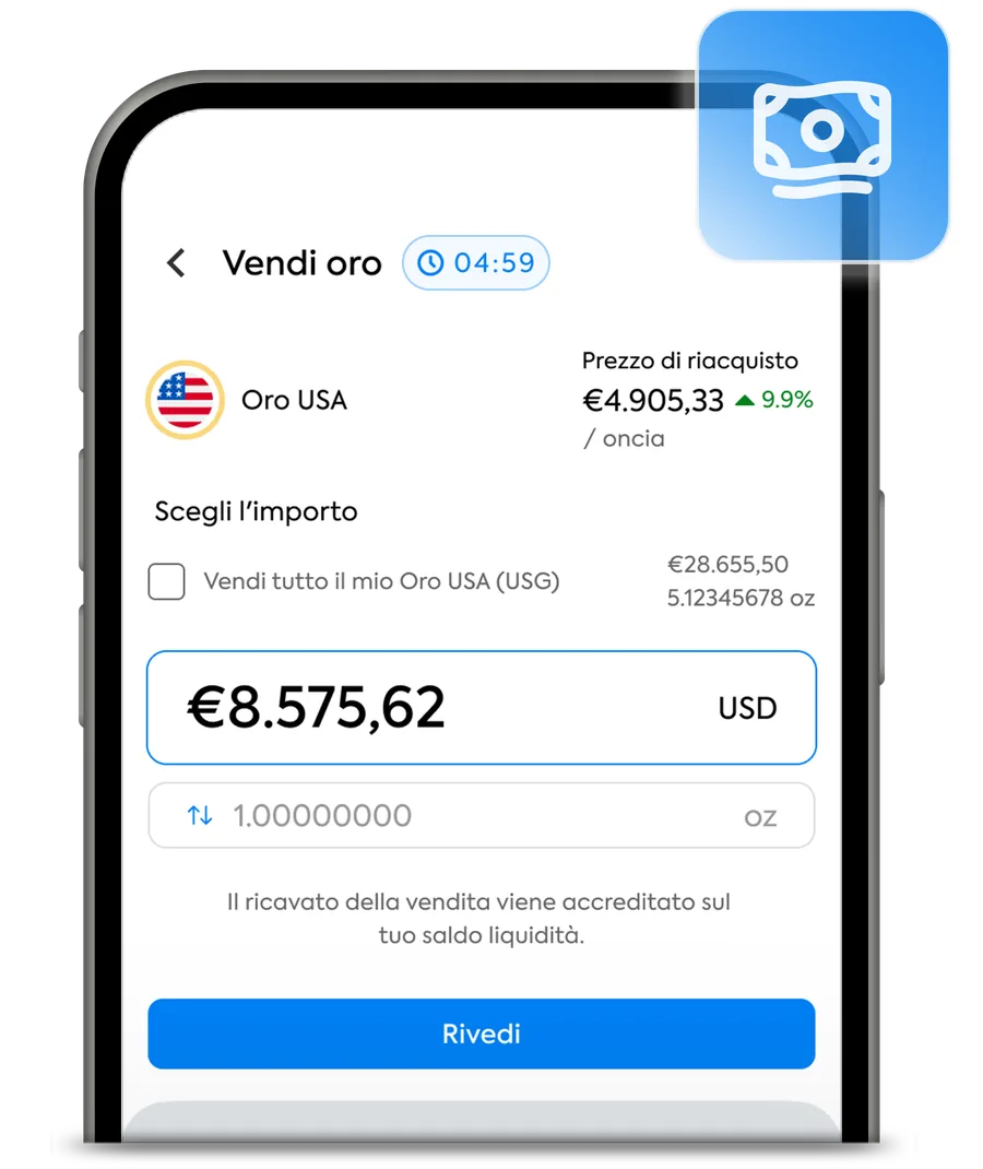 La schermata Vendi oro dell’app OneGold
