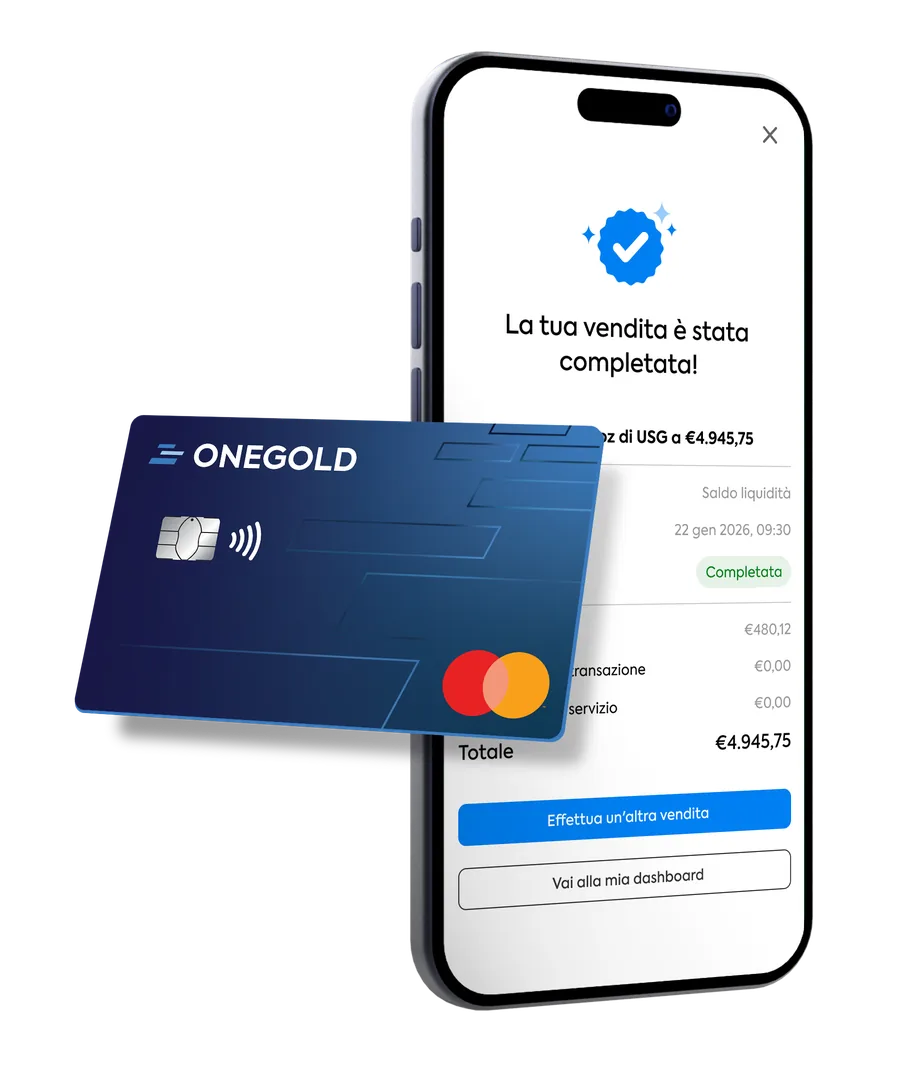 L’app OneGold che conferma la vendita, accanto a una carta di pagamento