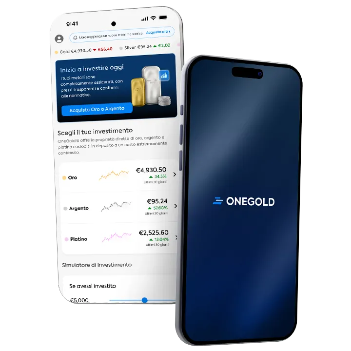 L'app OneGold che mostra il simulatore di investimento e i saldi del portafoglio