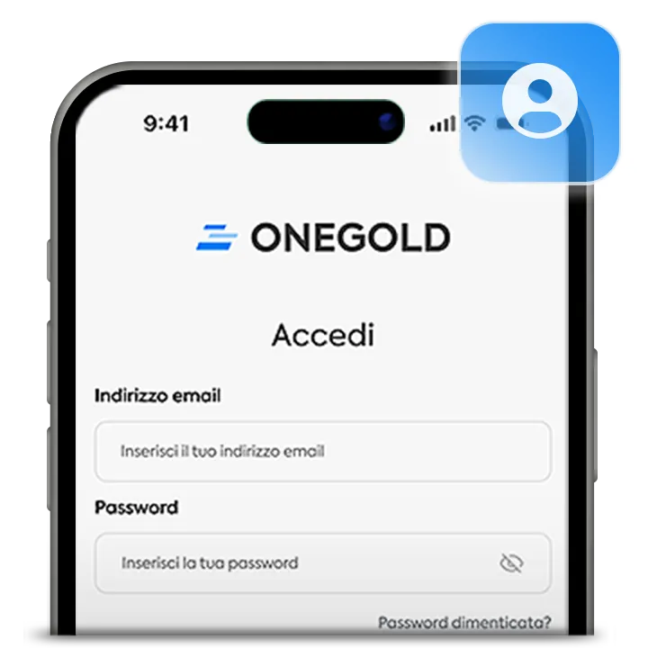 Schermata di accesso dell'app OneGold per la creazione di un account
