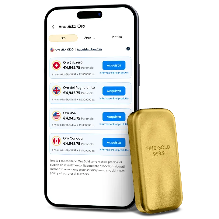 Schermata di acquisto dell'oro dell'app OneGold accanto a un lingotto d'oro fisico