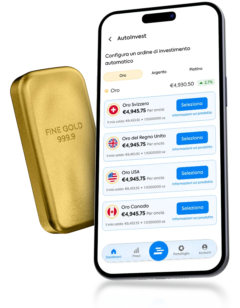 L'app OneGold che mostra la schermata dell'ordine AutoInvest accanto a un lingotto d'oro