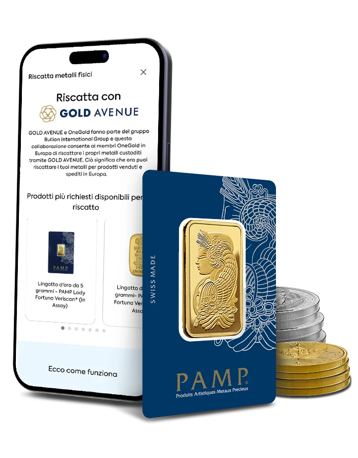 L'app OneGold che mostra il riscatto del metallo fisico con un lingotto d'oro PAMP e delle monete