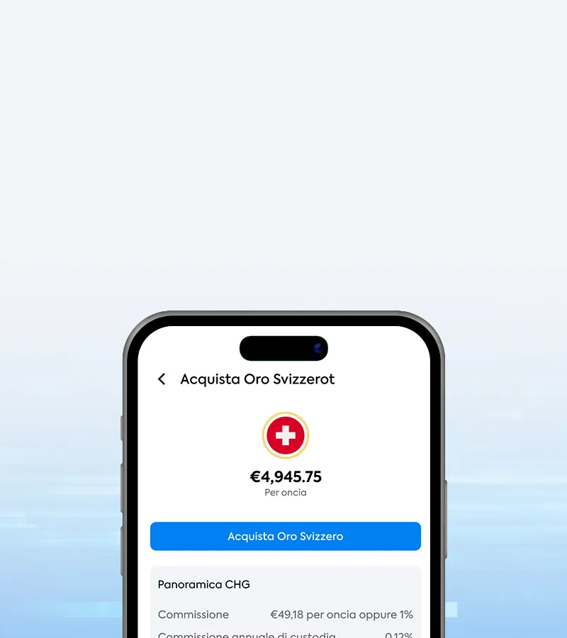 Schermata dell'app OneGold che mostra un acquisto di oro in Svizzera