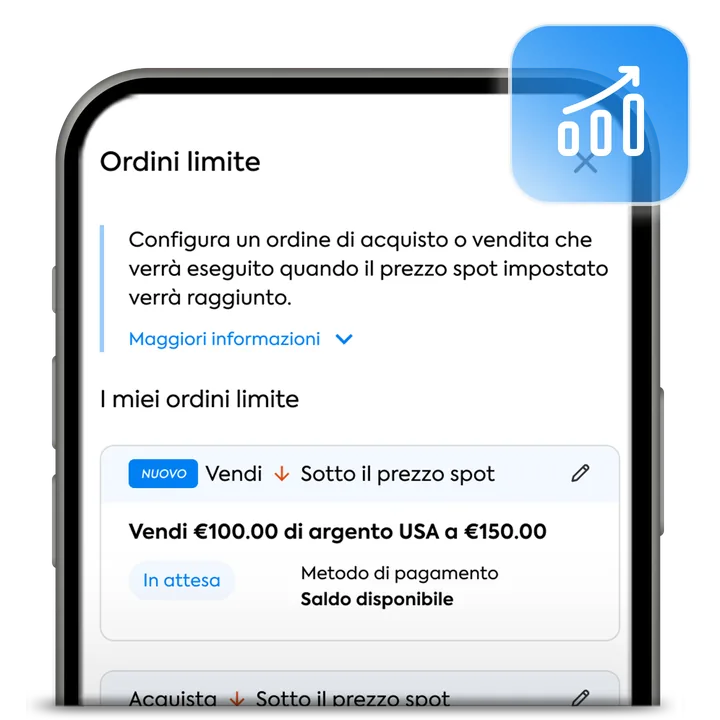 App OneGold che mostra la schermata degli ordini limite